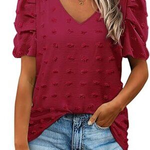 Women's Chiffon Puff Sleeve V Neck Blouse